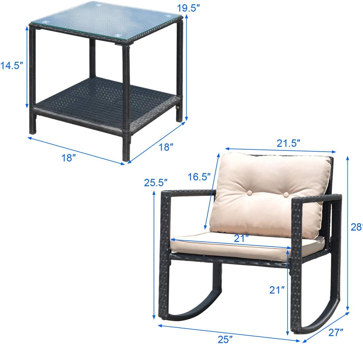 BestComfort 3 Pieces Rocking Bistro Sets, Wicker Patio Furniture Sets,Wicker Chairs with Tempered Glass Table