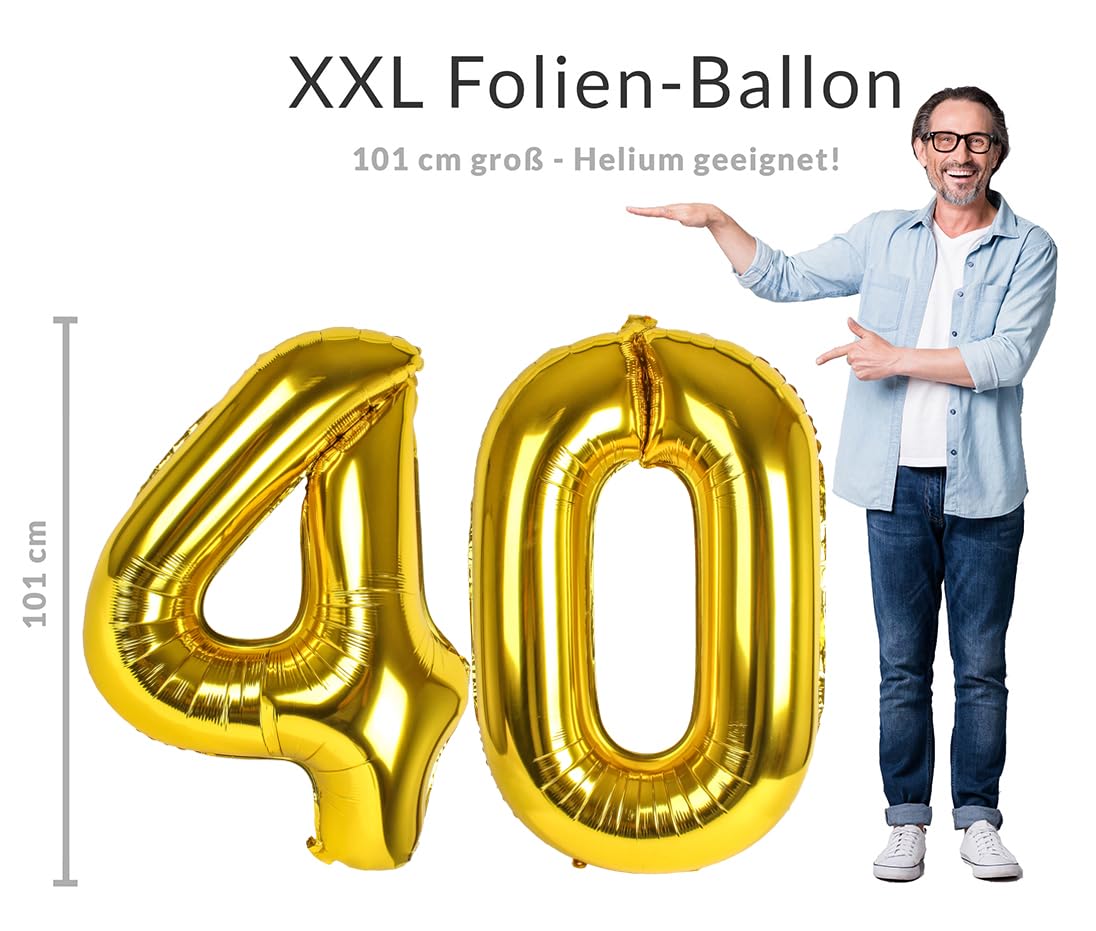 40th Birthday Balloon XXL Giant Foil Balloon Set 101 cm + 45 cm Balloon + 5 m Decorative Ribbon Foil Balloon 40 Suitable for Helium Reusable 40th Birthday Men Women 40th Birthday - Image 2