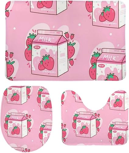 Kuizee Juego de 3 alfombras de baño, cartón de leche de fresa, kawaii, anime, caricatura, rosa, tapete antideslizante en forma de U, tapa de inodoro