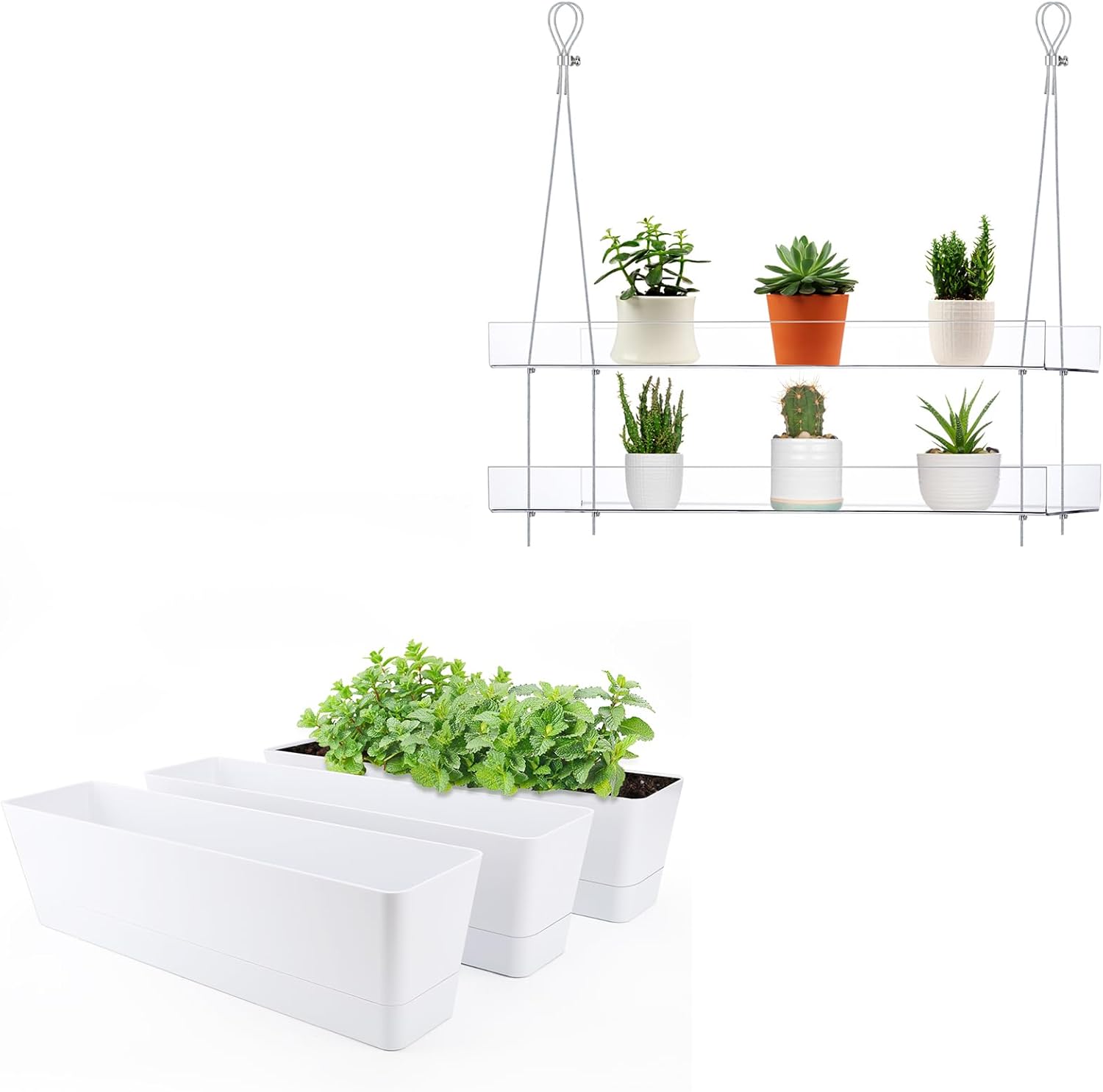 GREANER Indoor Rectangle Planter, 2-Tier Clear Hanging Plant Stand, 3PCS Herb Succulent Cactus Window Box with Saucer, Acrylic Window Boxes Plant Shelves for Window, Indoor Outdoor Plants, Garden