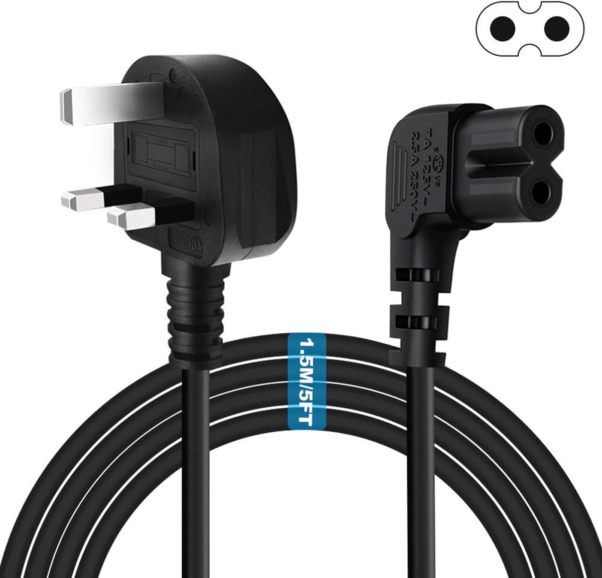 UXWEN Figure 8 Power Lead - 2-Pin 90 Degree Angle IEC C7 Universal UK Plug Power Cable - Compatible Figure 8 cable for PS5, Xbox Series X, Smart LED TV, LG TV, Sony TV (1.5M)