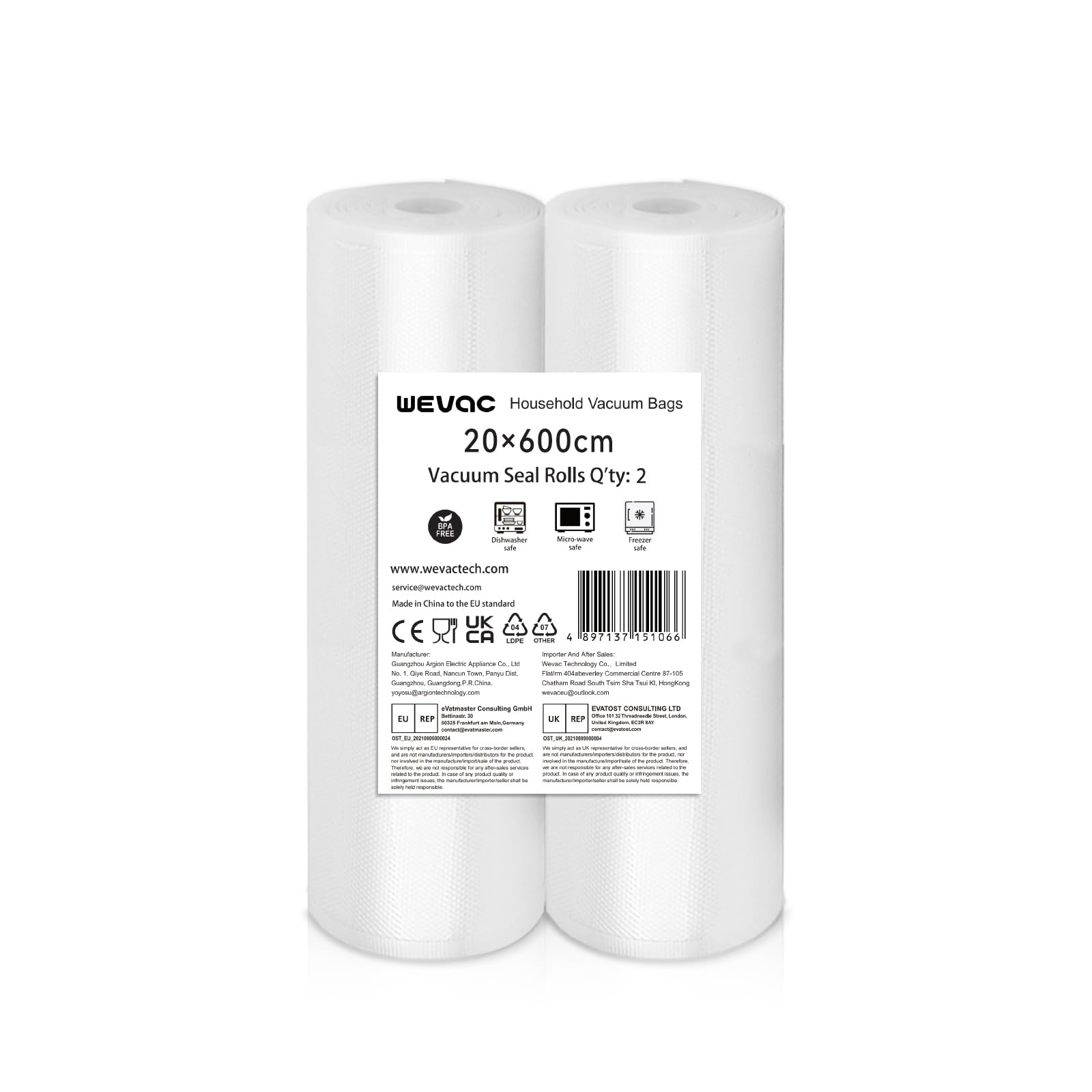 Wevac Clear Lite Vacuum Sealer Rolls Bags, 2 Packs 20 X 600Cm Food Sous Vide Bags (Total 12M) Bpa-Free, Heavy-Duty, Customizable Sizes For Freezer, Meal Prep