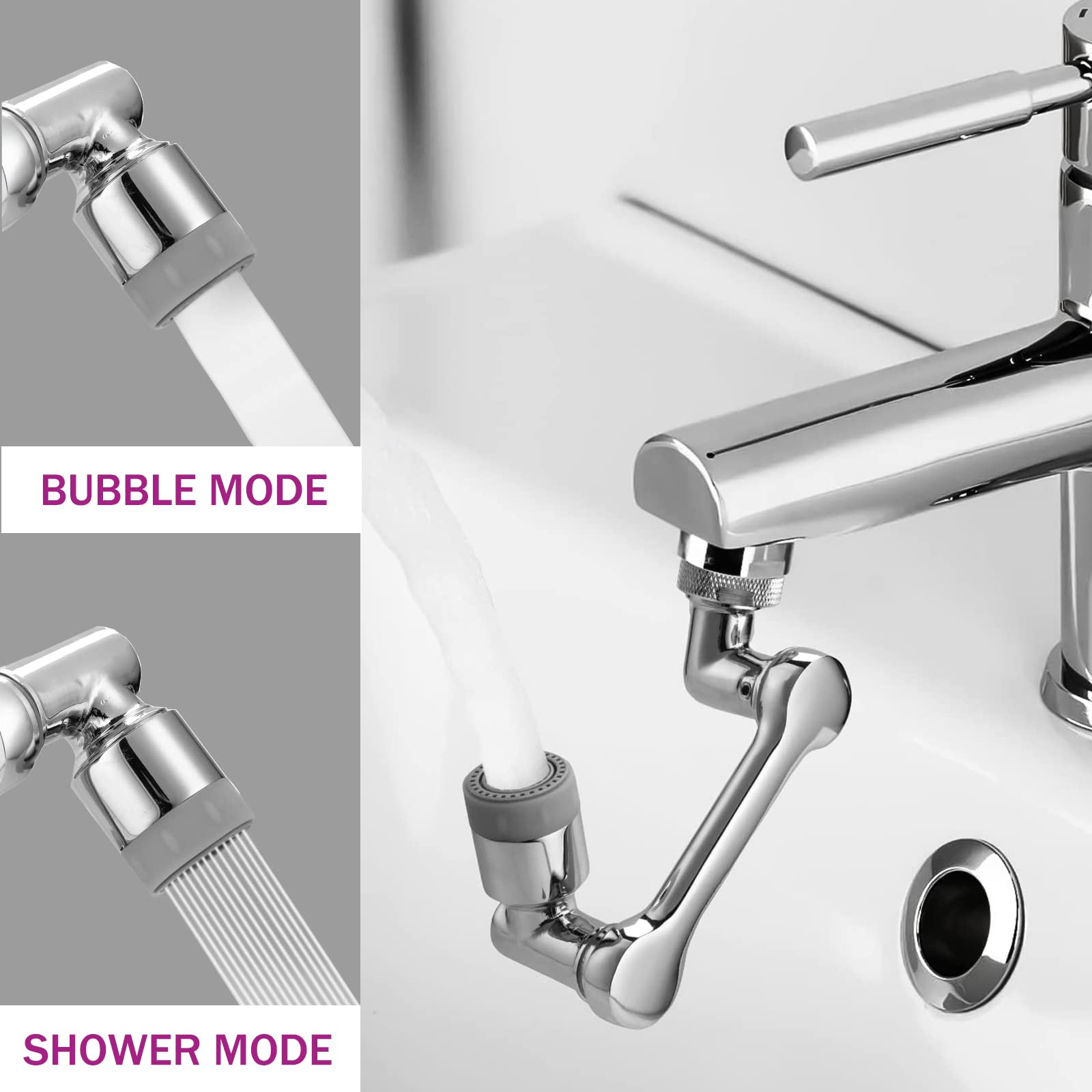 Lot de 2 rallonges de robinet pour évier de salle de bain Aérateur de robinet pivotant universel à 1080° avec 2 modes de sortie d'eau Bras robotique rotatif Filtre antiéclaboussures pour