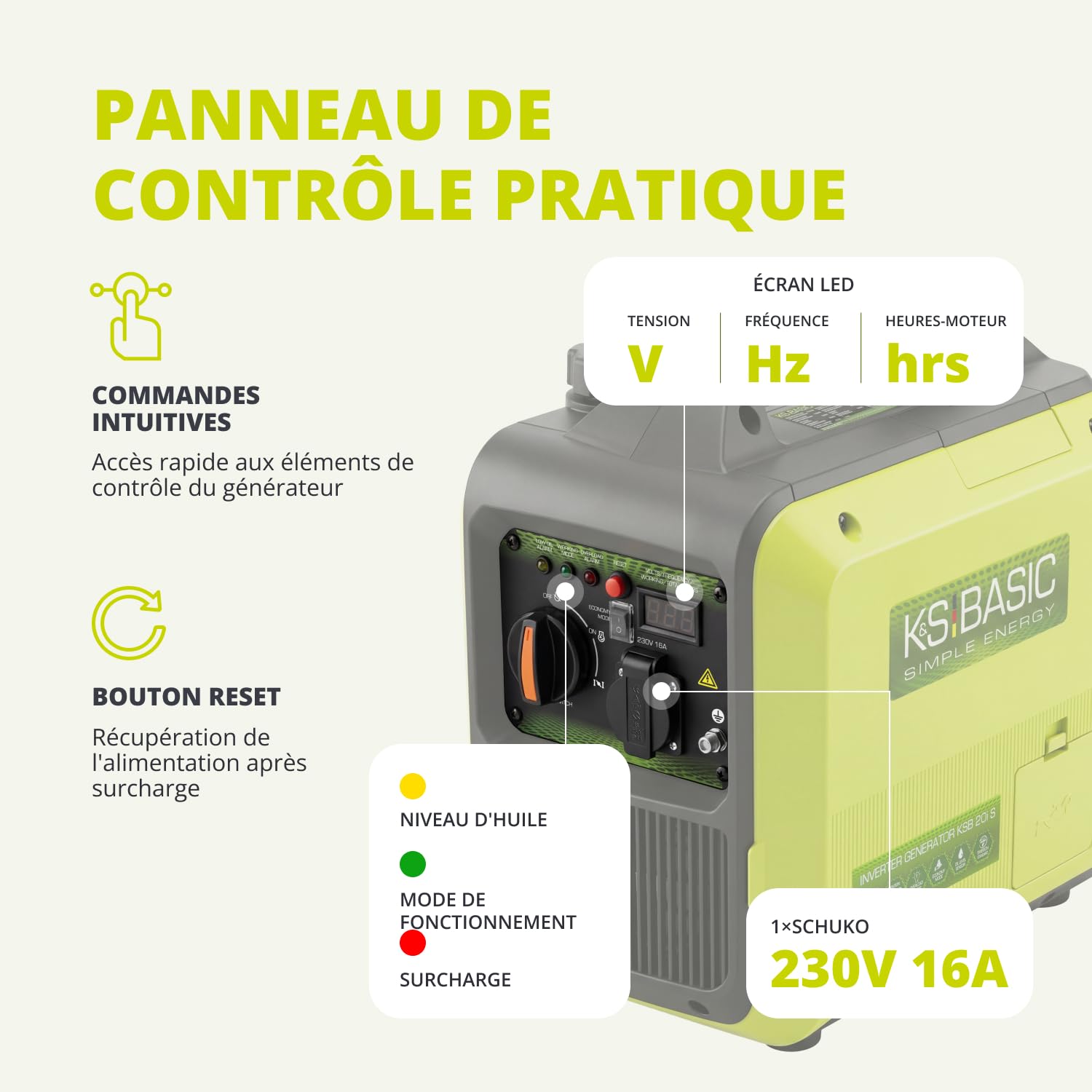 K&S BASIC Générateur inverter 20i S 2000 W, générateur de secours à essence 230 V - Onde sinusoïdale pure, générateur de courant avec mode éco, affichage LED, puissance nominale de 1,8 kW, portable