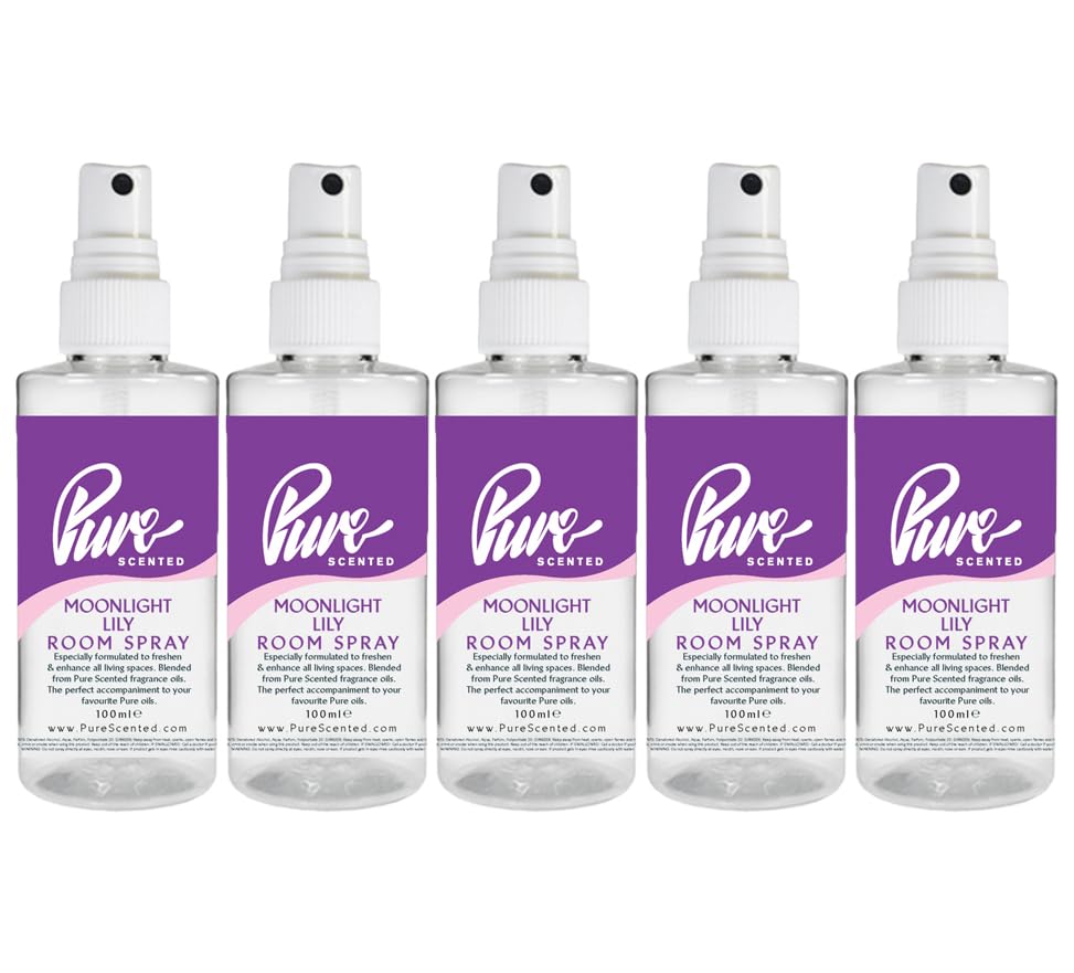 Pure Scented 500ml Room & Fabric Sprays 5 x 100ml Suitable For Home, Car, Caravan, Work, Gym Bags, Odour Eliminators (5 x 100ml, Moonlight Lily Outdoorable)