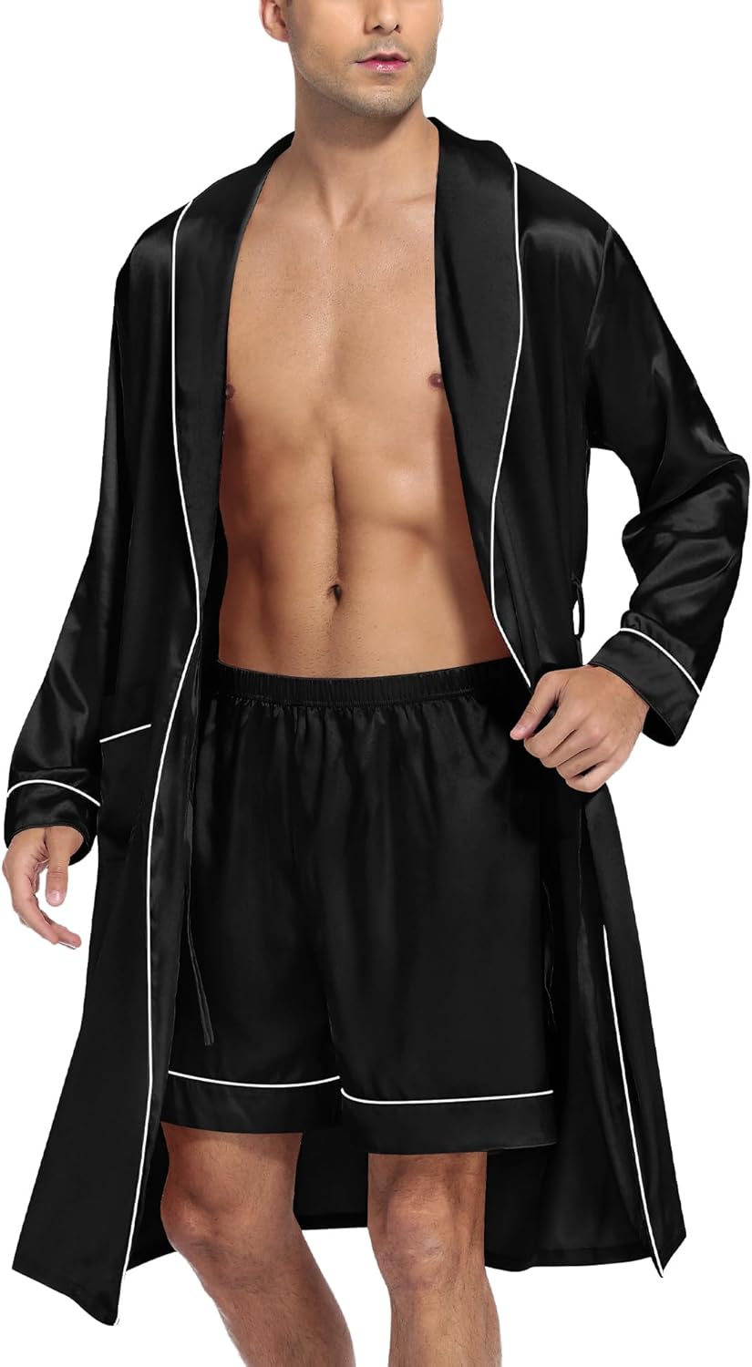 SWOMOG Men's Satin Robe Silky Kimono Bathrobe with Shorts Set