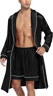 Men's Satin Robe Silky Kimono Bathrobe with Shorts Set Lightweight Soft Loungewear Nightwear