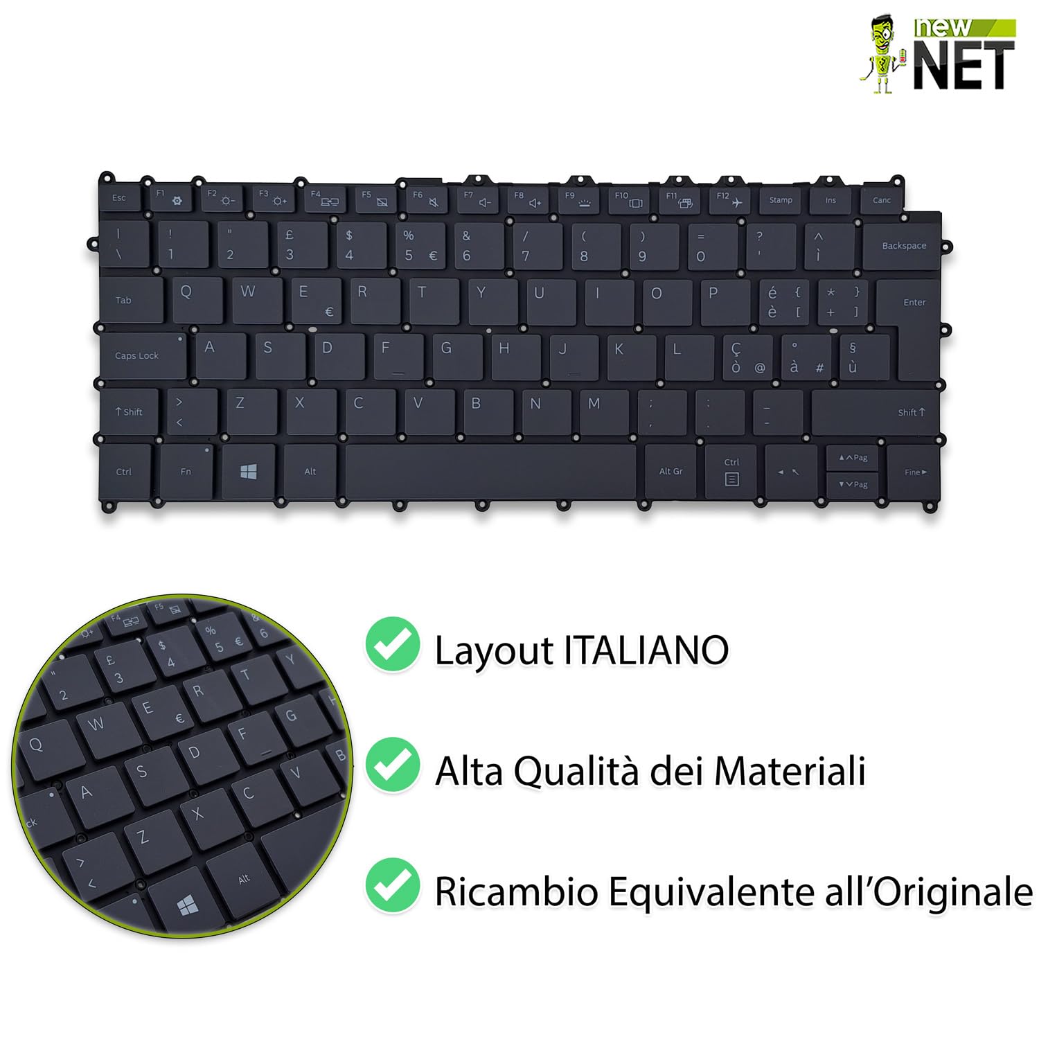 new net - Tastiera compatibile con Samsung Galaxy Book S NP767XCM-K01IT, SM-W767NZNAITV [Senza frame - colore tasti Grigio - Retroilluminata - Layout ITA]