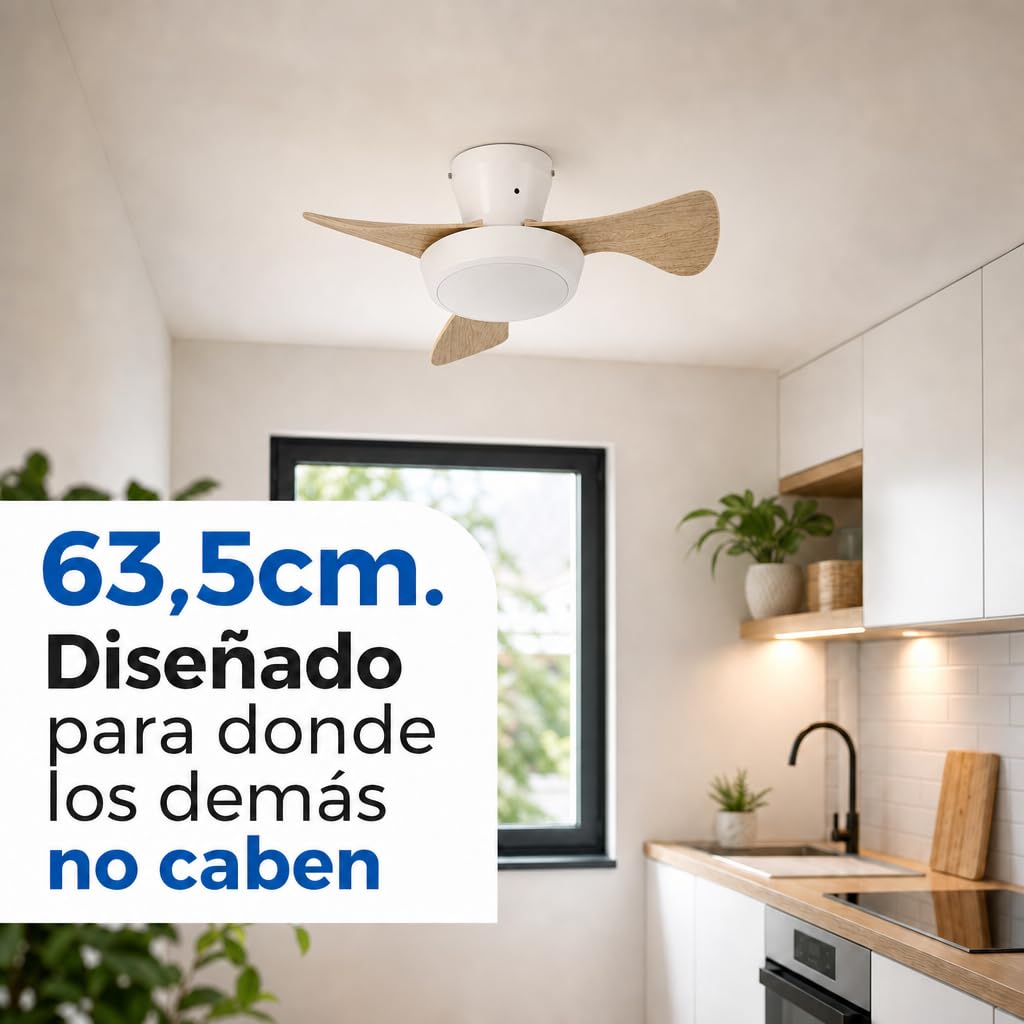 Ventilador de Techo Pequeño con Luz LED Integrada 18W – Ø63,5 cm, 3 Aspas, Luz Regulable 3000K–6500K, 3 Velocidades, Mando a Distancia, Función Memoria y Temporizador, para Habitaciones Pequeñas