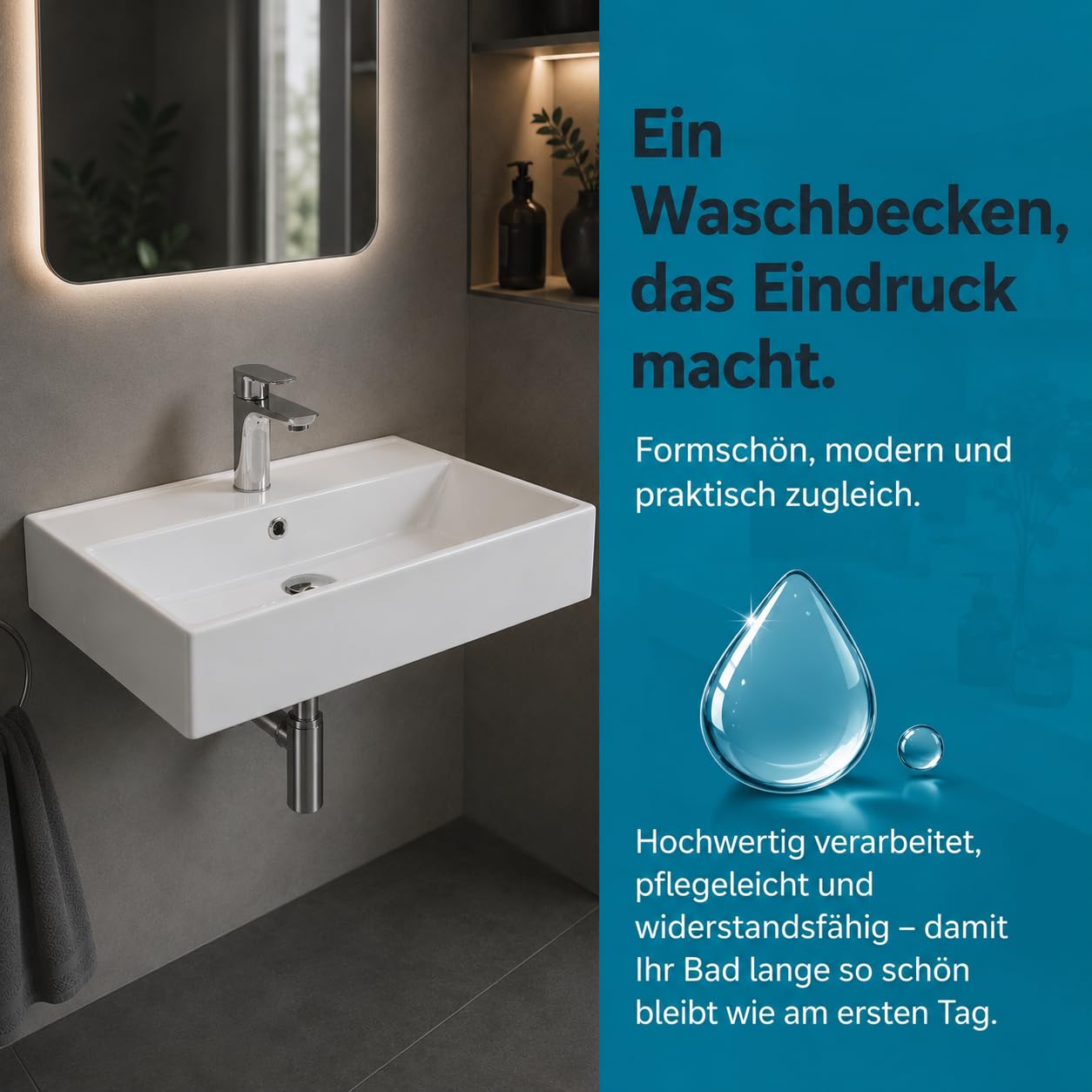 Aqua Bagno Ceramiczna umywalka 60 cm – prostokątna umywalka wisząca lub umywalka nablatowa z otworem na kran, głębokość 42 cm, montaż na ścianie, WC dla gości, biała