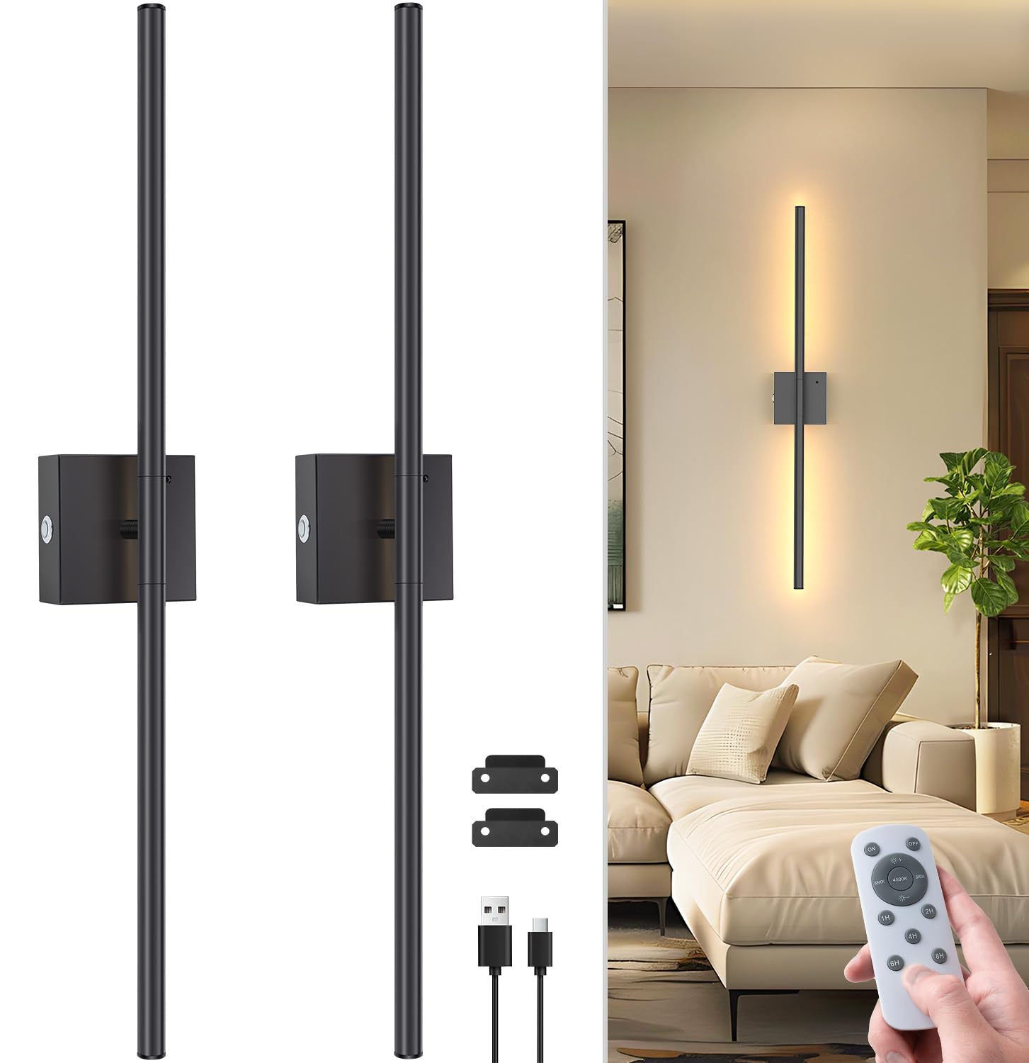 Rechargeable Rotating Wall Sconce Set of 2 - Black