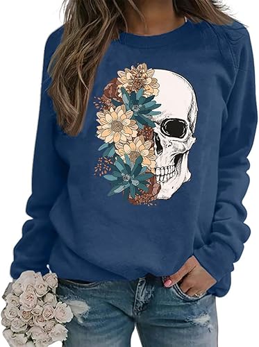 Bloom Skull - Sudadera para mujer, estilo bohemio, con estampado de calavera, manga larga, cuello redondo, para otoño