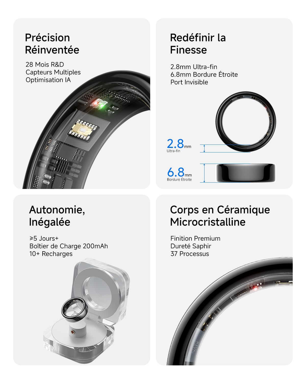 HOU Bague Connectée Homme Femme, Smart Ring sans Abonnement, Anneau de Santé IA avec Suivi du Sommeil, Fréquence Cardiaque, SpO2 & Stress, Étanche 5ATM, iOS/Android (Céramique Noire, Taille US 12)
