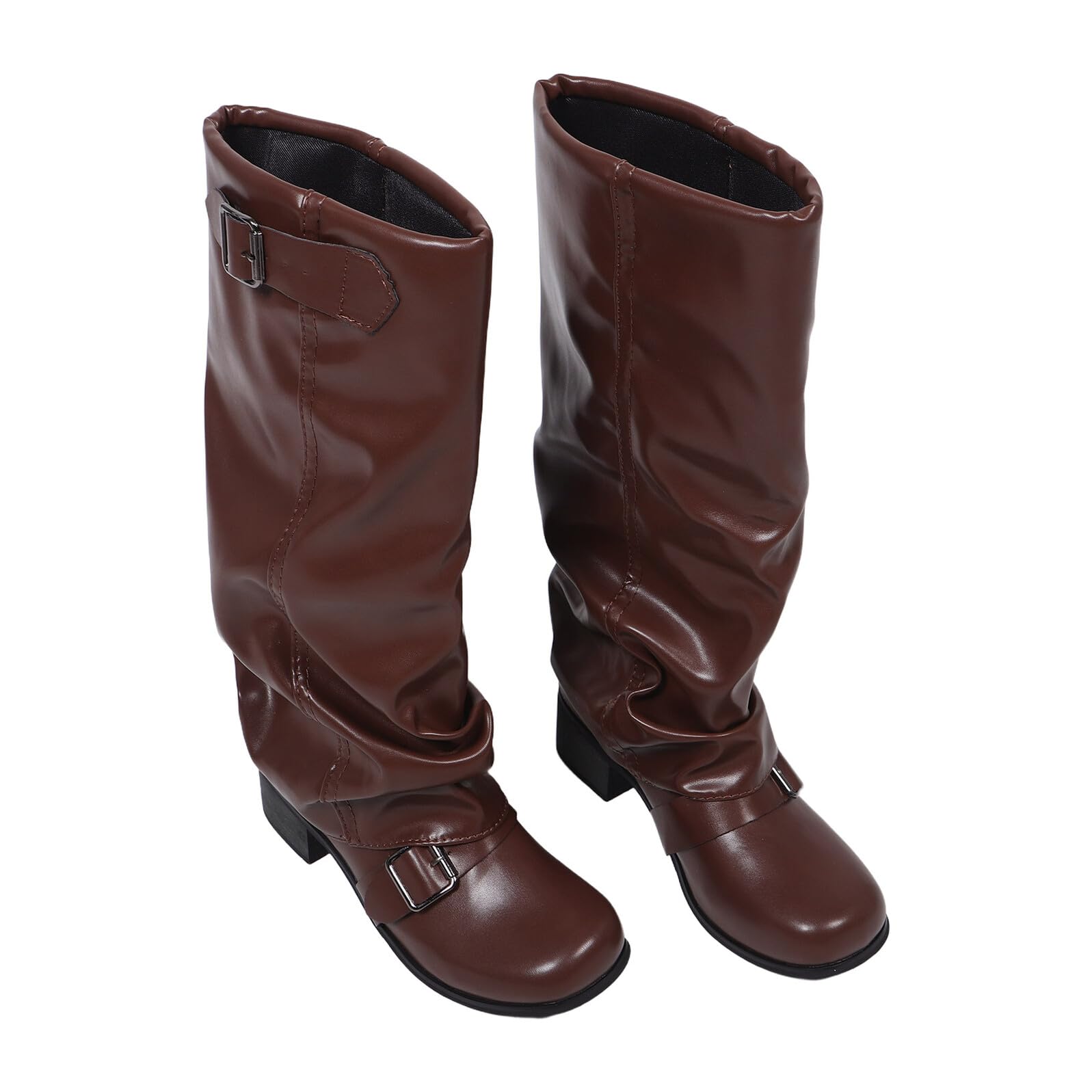SHERCHPRY Stivali Alti da Donna in PU Marrone Stile Western con Tacco Stivali al Ginocchio Vintage con Polpaccio Calzature Country per Party e Balli