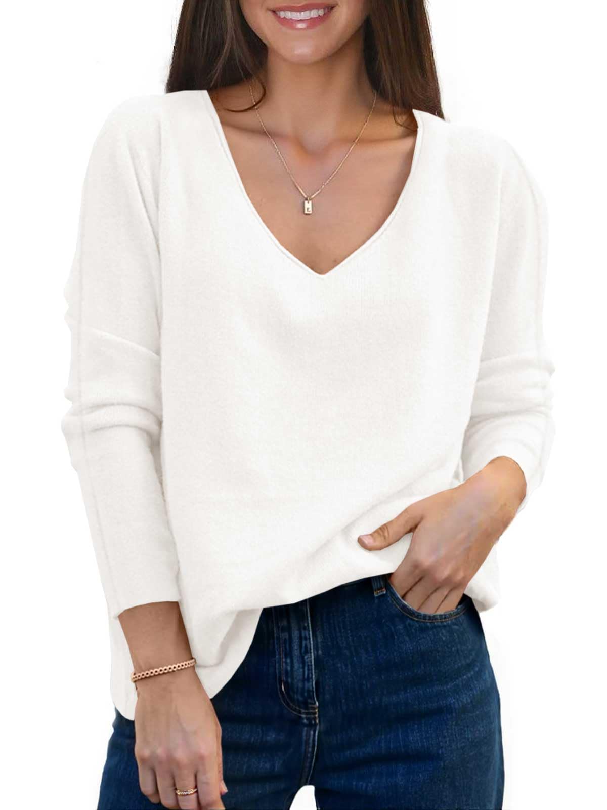 Saodimallsu Womens Fall Sweaters V Neck Long Sleeve Casual Loose Lightweight Soft Pullover Sweater Knit Tops