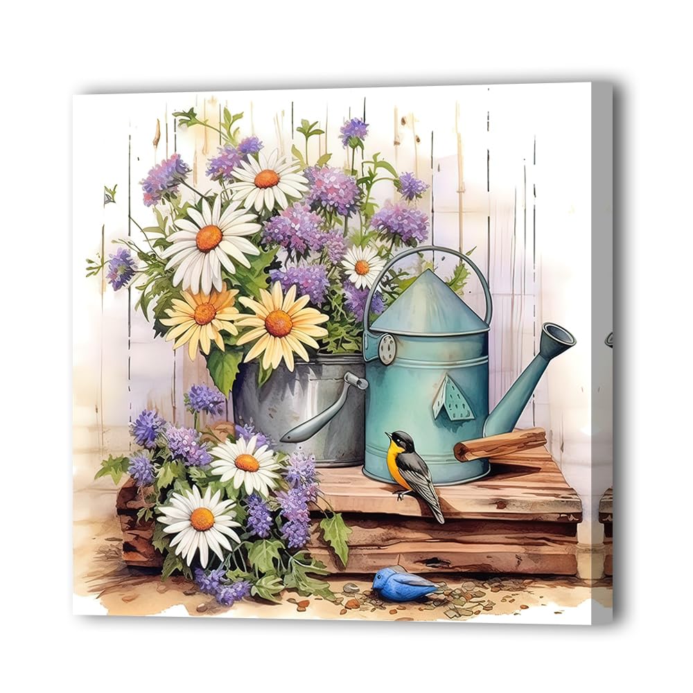 LURENCZH Farmhouse Flower Canvas Wall Art Daisy and Bird Picture Wall Decor Rustic Floral Paintings Prints for Kitchen Toilet Bathroom Decor Framed(