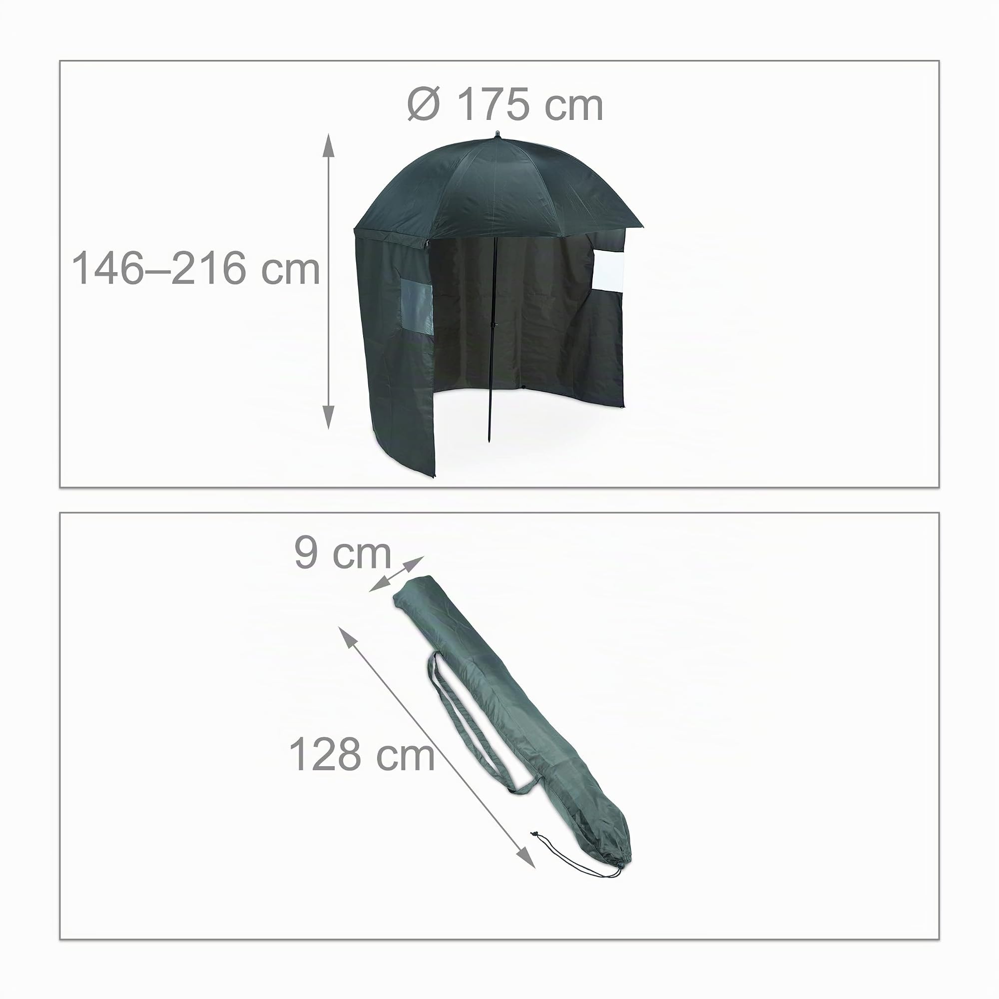 Relaxdays Ombrello a Tenda, Ombrellone da Pesca, Spiaggia, Mare, con Telo Laterale, Picchetti e Custodia Viaggio, Verde