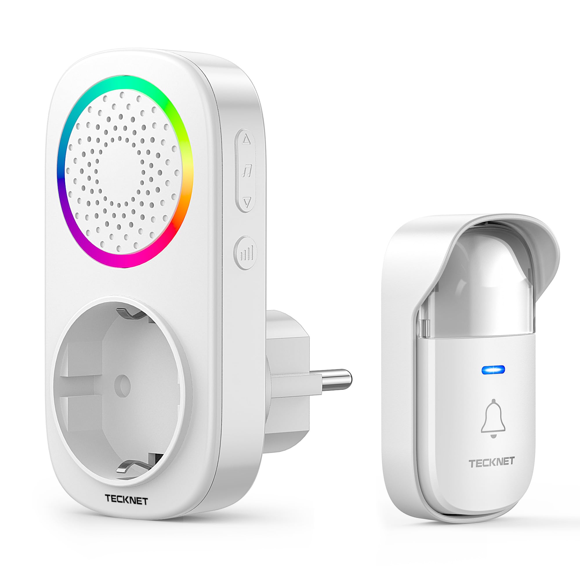 TECKNET Funkklingel Batterielose, IP65 Funkklingel aussen Wasserdicht, Haustürklingel mit Plug-In-Empfänger, Klingel Haustür Kit mit EU-Steckdose und RGB Licht, 5 Lautstärkestufen, 60 Melodien, 300m
