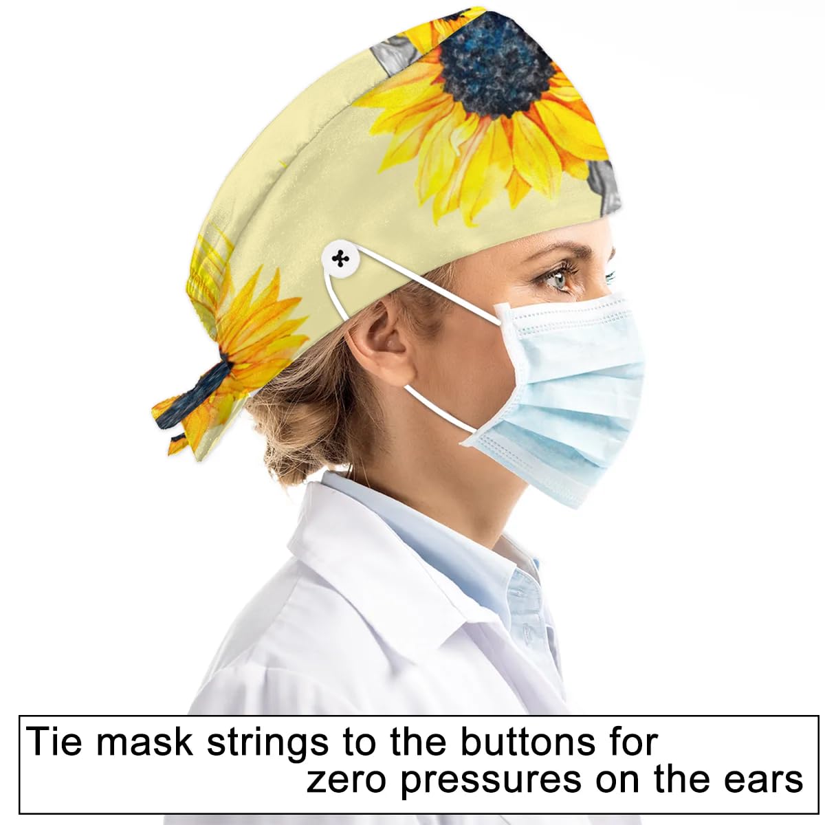 Mularoka Wreath Skull Sunflower Working Caps with Button Sweatband Comfortable Adjustable Bouffant Hats Work Hat for Women Men