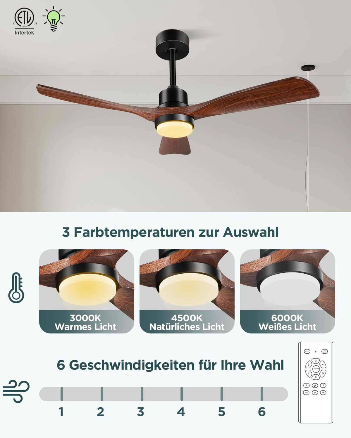 Ventilador de Techo con Luz y Mando a Distancia 132cm, Marrón