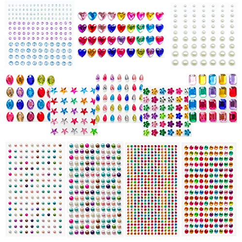 Honmax Diamantes Autoadhesivas, 1309 pieza Pegatinas de Diamantes de Imitación para Niños DIY, Joya de Cristalino Decoraciones para Cara Ojos, Gemas Diamantes para Manualidades Decoraciones, 12 hoja