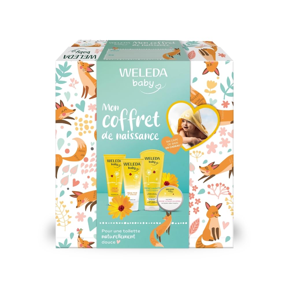 WELEDA - Coffret Cadeau Naissance - Soins Douceur Bébé au Calendula – Crème Lavante, Crème Visage, Crème Pour Le Change, Baume intense universel, Cape De Bain Coton Bio, NATRUE, 200ml+​75ml+​50ml+​25g,