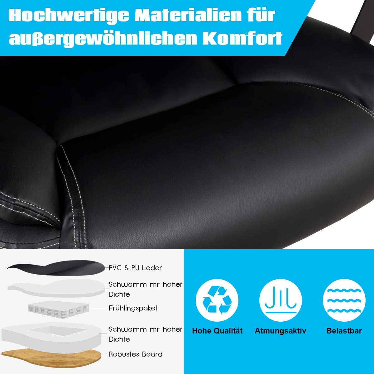 COSTWAY Chefsessel, ergonomischer Bürostuhl bis 220 kg belastbar, Schreibtischstuhl mit Wippfunktion, höhenverstellbar, Computerstuhl, PC Stuhl, Drehstuhl für Große Menschen
