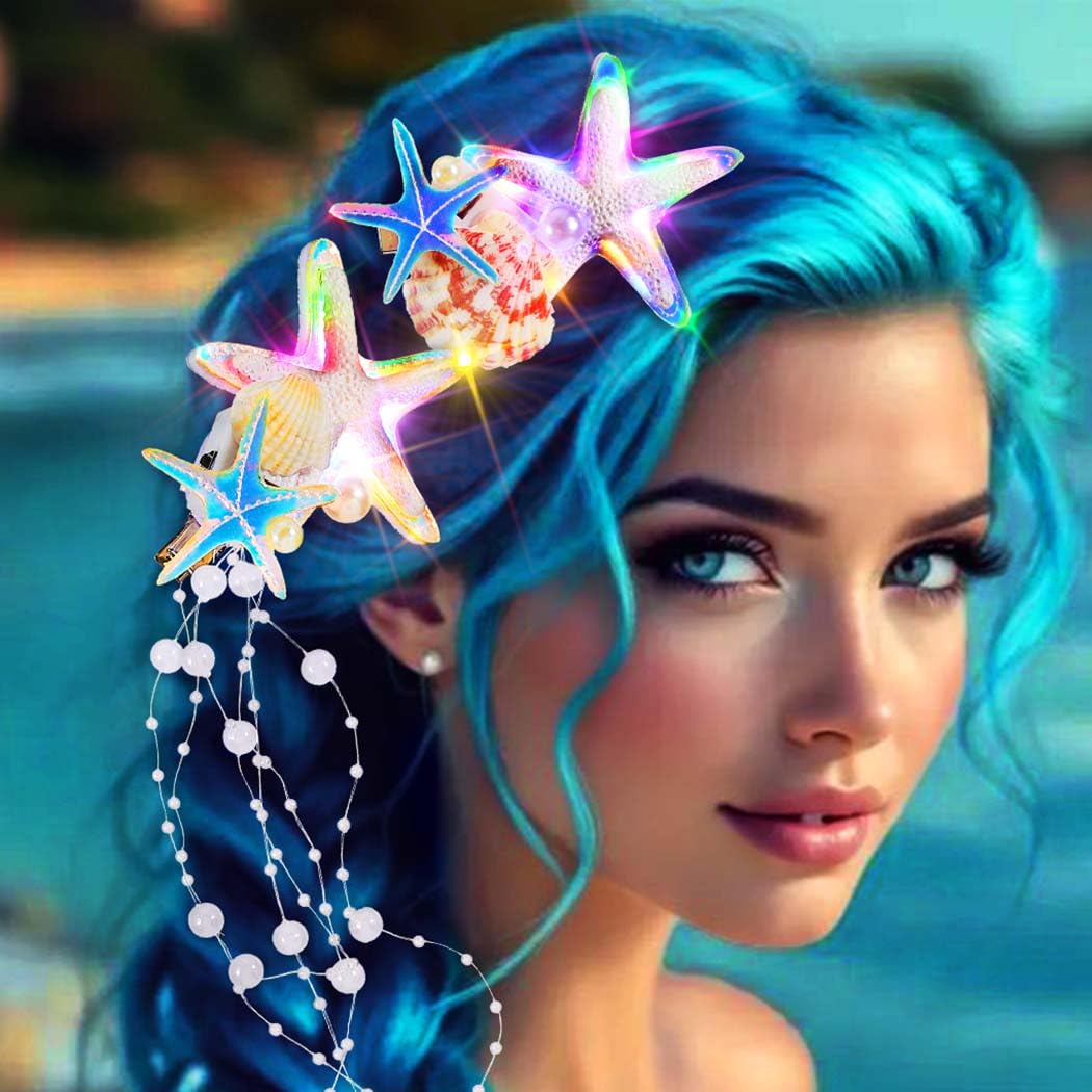 JAKAWIN Light Up Mermaid Hair Accessories Starfish Hair Clips Seashell Ocean Headpiece for Women (2 PCS)