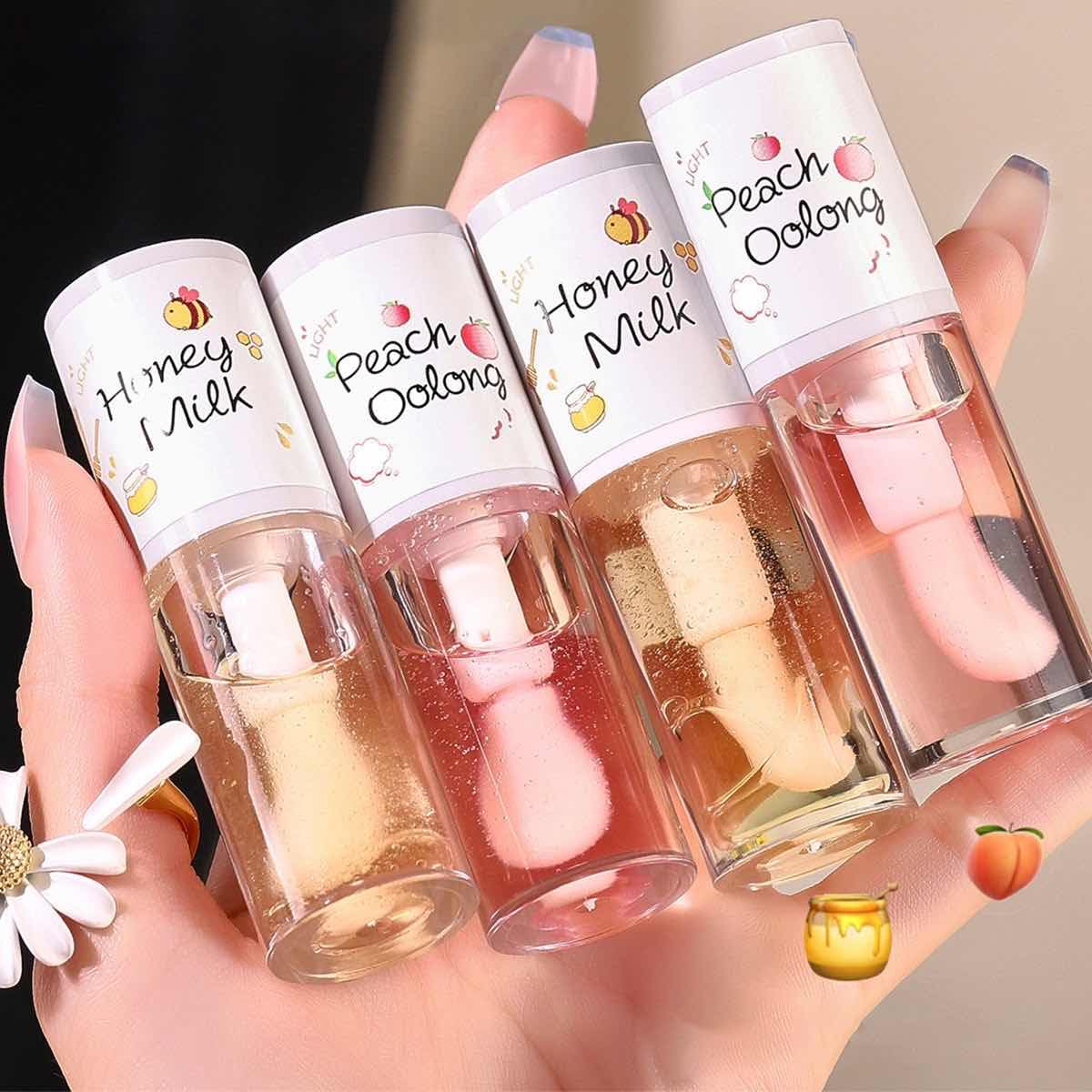 Baorder 4Pcs Hydrating Clear Lip Oil,Crystal Jelly Honey Lip Gloss with Big Brush,Long Lasting Nourishing Lip Care Lip Glow Oil,Moisturizing Tinted Lip Balm,Fresh Texture Flavoring Oil Lip Makeup