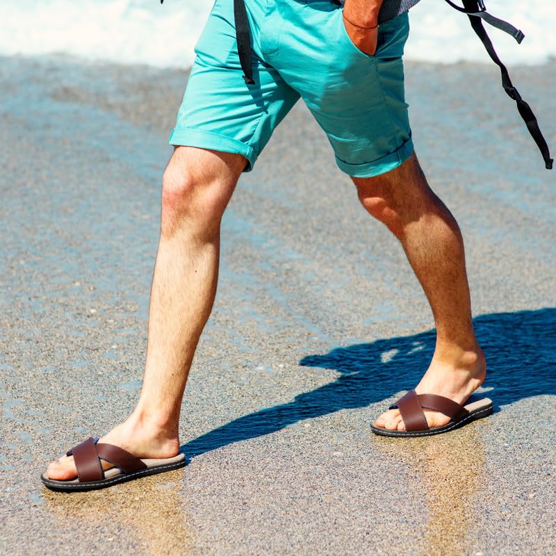 TIESTRA Hommes Cuir Sandales en Magic Collant Peep Toe Pantoufles été Doux Loisirs Antidérapant Semelle en Caoutchouc Plage Extérieur