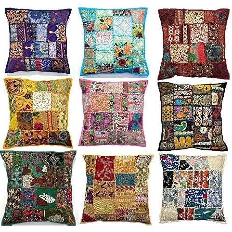 Labhanshi 10pc Embroidered Sari Patchwork Cushion Cover, 17x17 Indian Ethnic Pillow Covers, Handmade Patchwork Cushion Pillow, Sari Patch Throw Pillow Cover