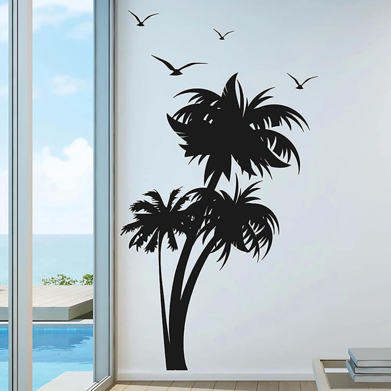 Youousi Black Summer Coconut Tree Animal Tree Wall Decals, Palm Tree Seagull Wall Stickers, Playroom Bedroom Children's Room Wall Decals, Art Decals.