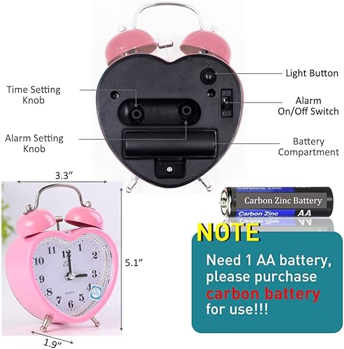 Miniatura 4 de SHISEDECO 3 Pulgadas Lindo Reloj Despertador de Campanas Gemelas Silencioso Analógico de Cuarzo con Luz Nocturna, Operado a Batería para Niños,