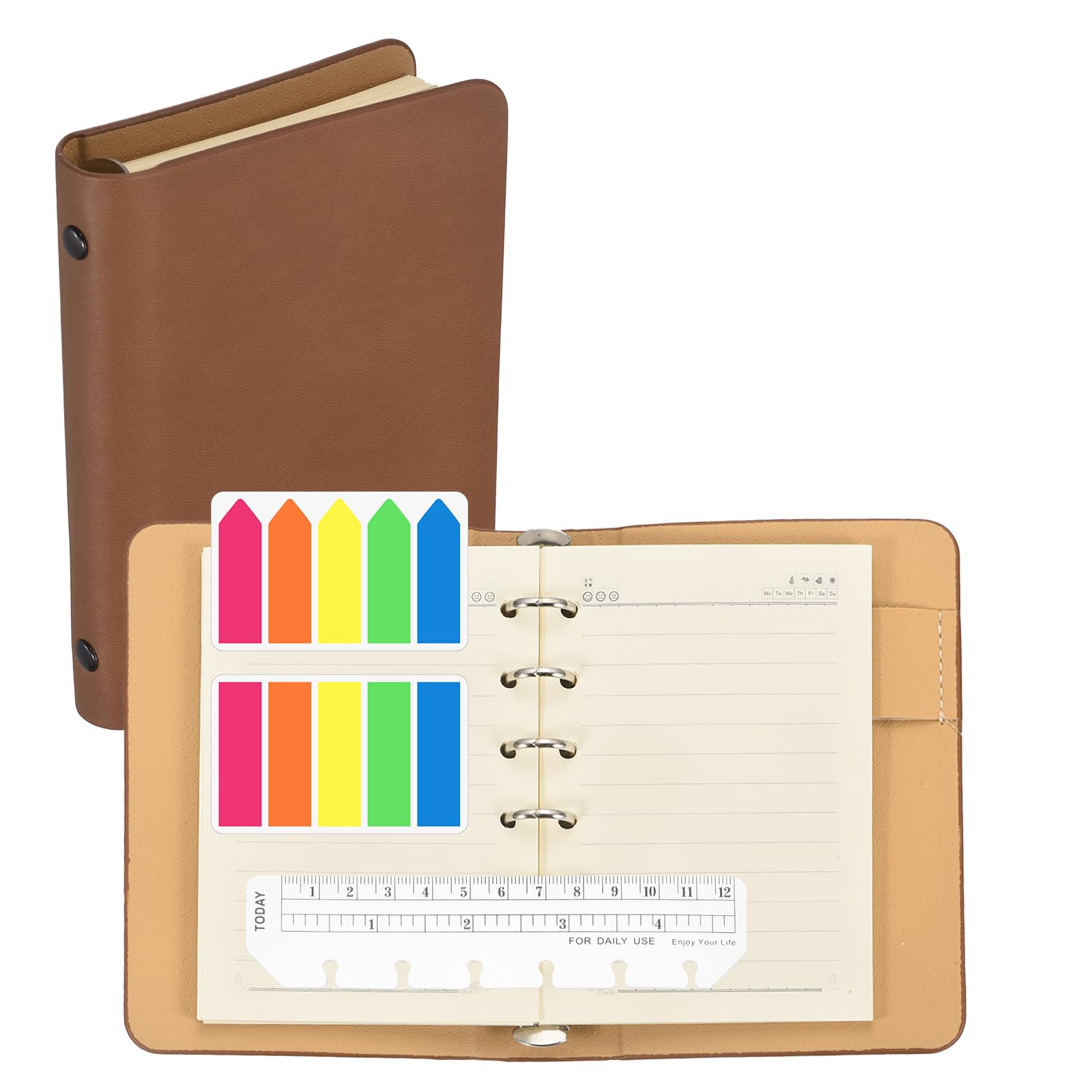 PATIKIL A6 Lined Pages 6 Ring Binder, Leather Notebook with Transparent Bookmark Ruler and Colorful Index Sticky Tabs for Office Study Work, Coffee