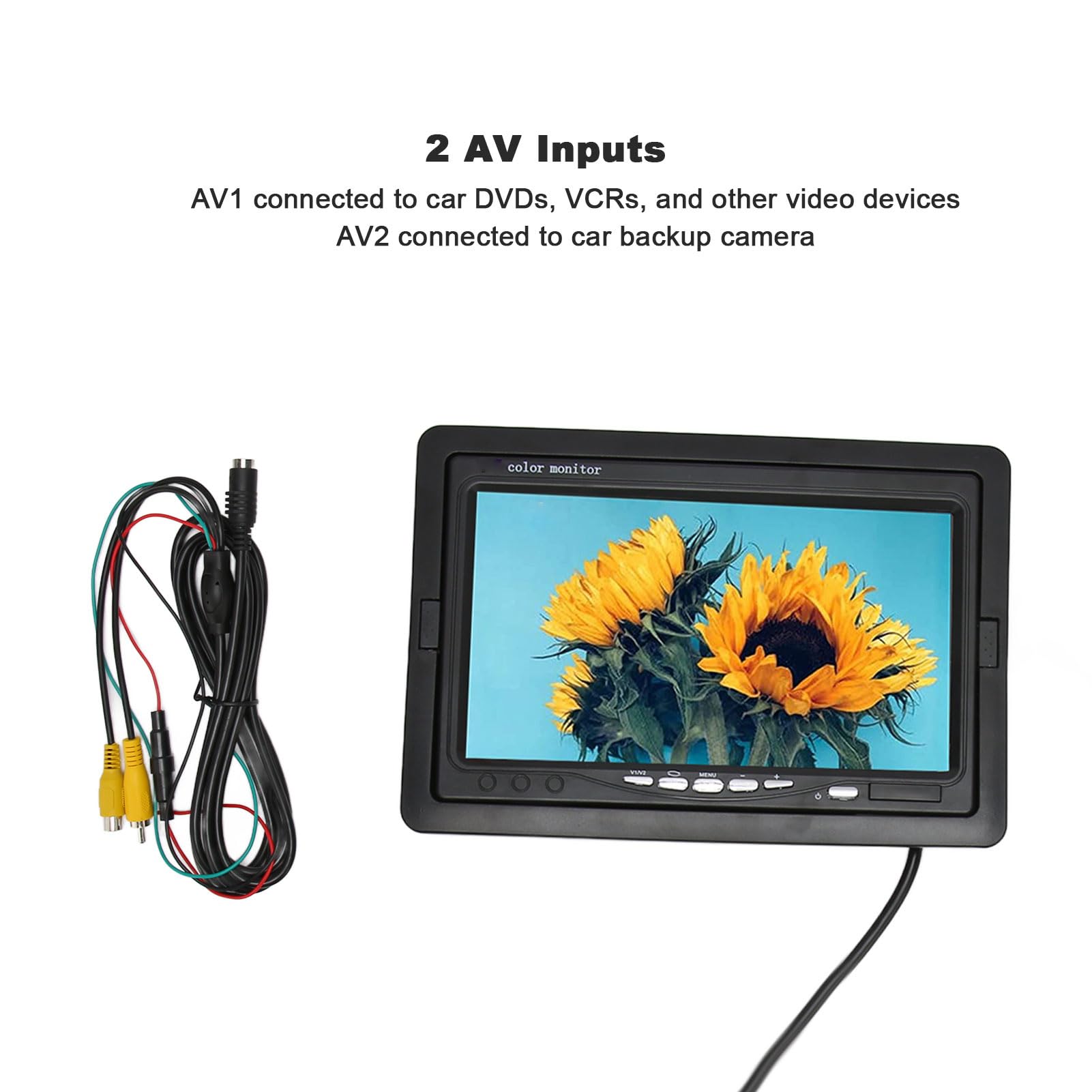 Monitor de Cámara de Visión Trasera HD de 7 Pulgadas, Vista de Vídeo Dual con Pantalla Dividida, 2 Entradas AV, Fácil Instalación, para Cámara de Vigilancia con DVD para Coche