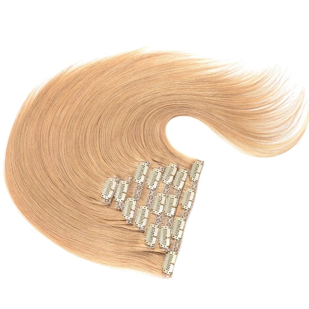 Przedłużenie na klips, naturalne włosy ludzkie Remy, ciemny blond ze złotymi refleksami, 120 g, 7 sztuk (18 cali)