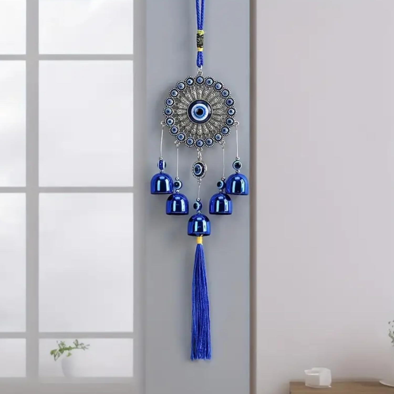 Go Hooked Evil Eye Wind Chime Bell Hanging 35cm – Nazar Battu Wall Décor with 5 Blue Glass Bells & Tassel | Home Protection Talisman, Good Luck Charm, Evil Eye Wall Hanging Decoration (Design A)-image-30