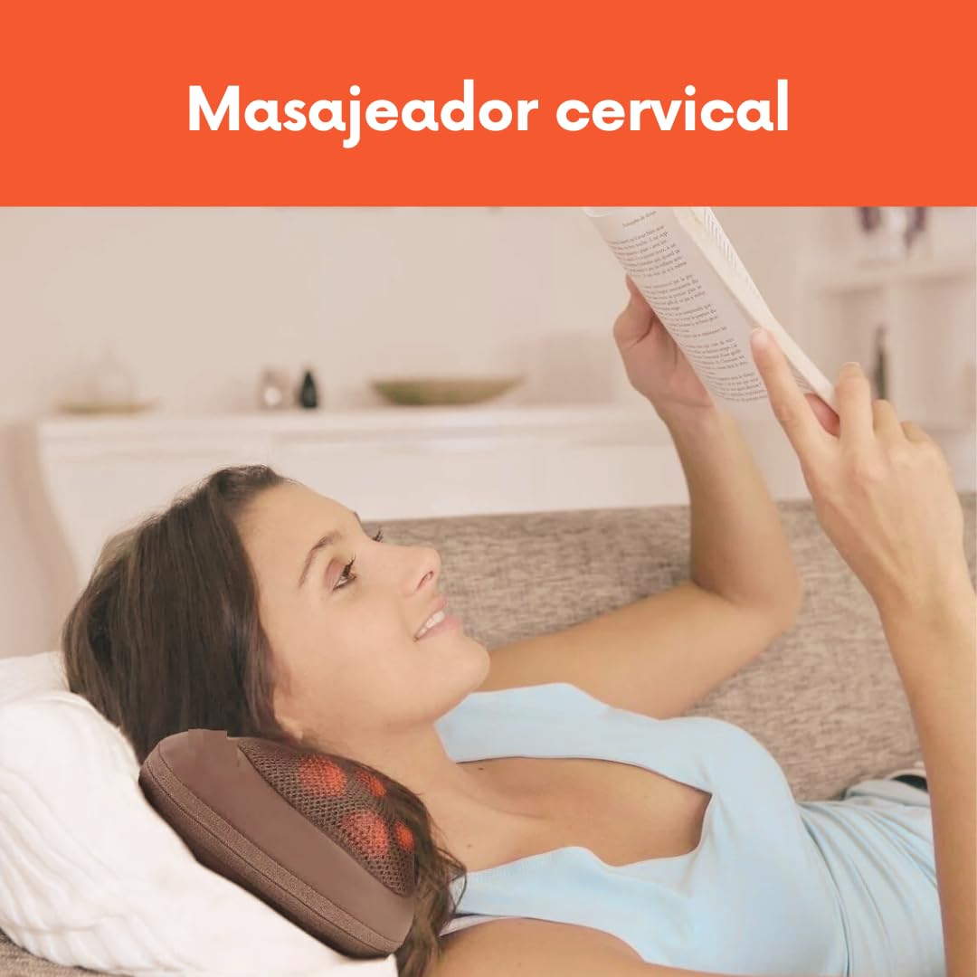 Masajeador Cervical y Espalda. Almohada relajante, Cojín Eléctrico con Calor, regulable con dos botones. Masajeador Bidireccional con 8 Rodillos, Ideal para Casa, Oficina, Coche o Viaje.