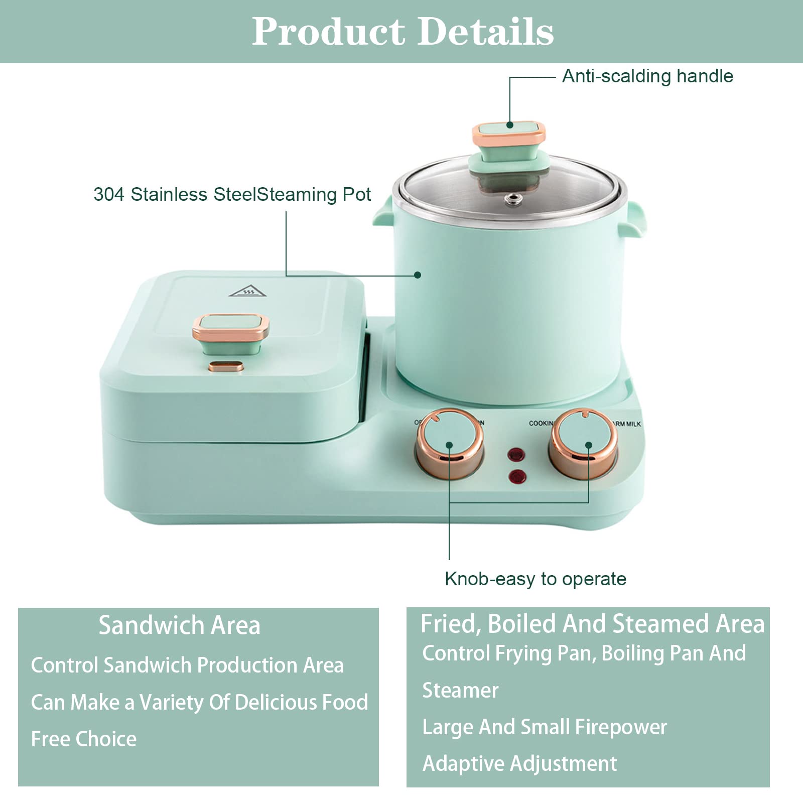 3 in1 Breakfast Station, Household Electric Breakfast Maker, Electric Mini Toaster Bread Breakfast Machine Sandwich Maker, Breakfast Sandwich Maker with Frying Pan&Boiling Pot