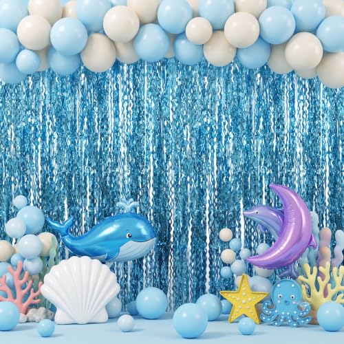 Image of TONIFUL 2Pcs Wavy Light Blue Metallic Tinsel Foil Fringe Curtain Streamer