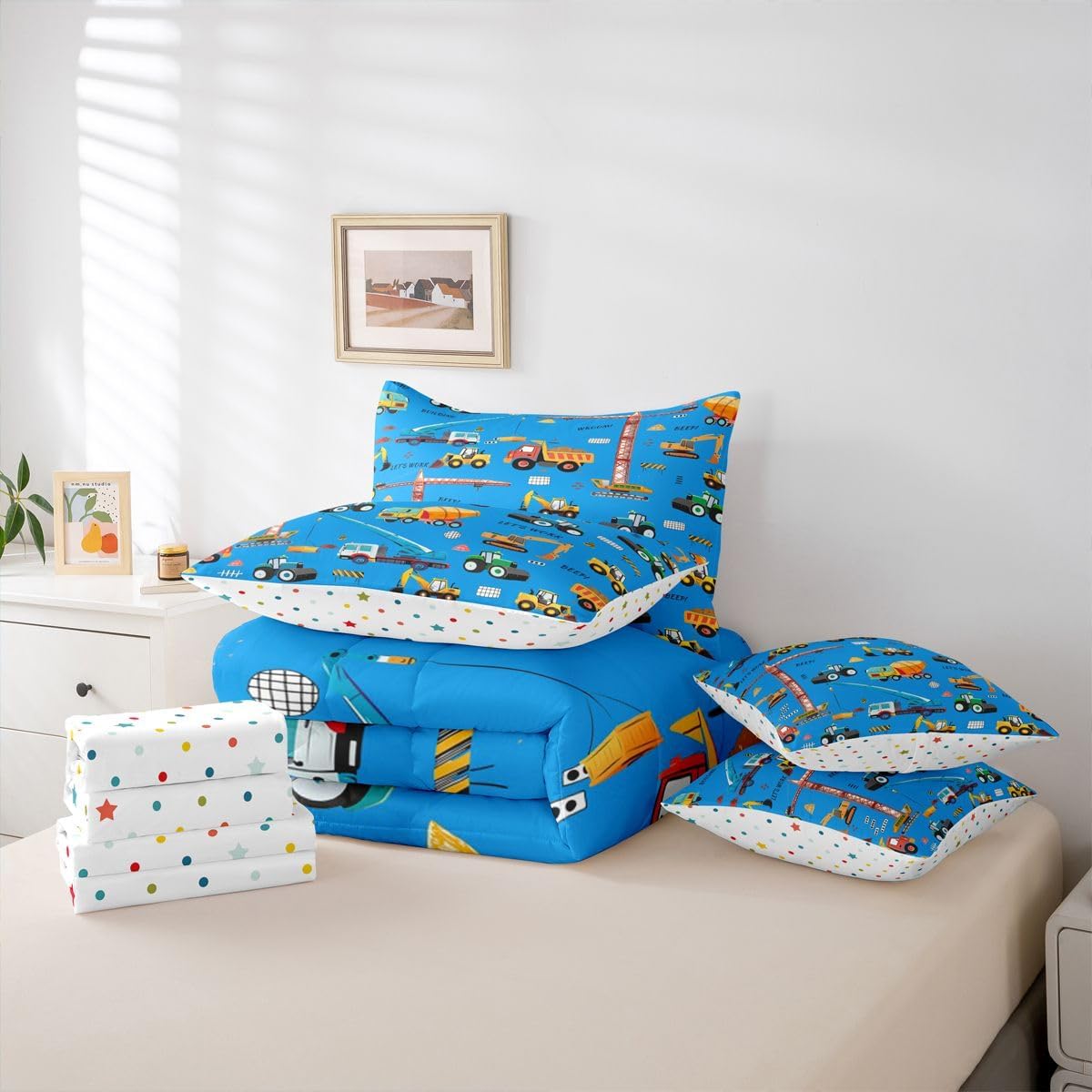 Erosebridal Blue Excavator 7 Piece Bedding Set Full Construction Truck Comforter Set with Sheets Equipment Bulldozer Crane Bed in a Bag Tractor Machinery Vehicle Bed Sets Comforter