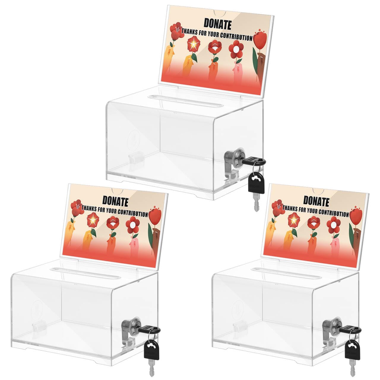KYODOLED Clear Donation Box With Lock, Acrylic Raffle Box &amp; Tip Jar, 3 Pack