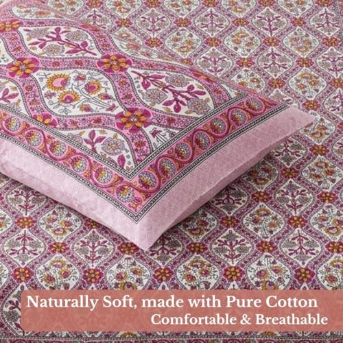 Image of Jaipur Weaves Jaipuri Double Bed Cotton Bedsheet Queen Size 90x85, 120 TC 100% Pure Cotton Bed Sheet with 2 Pillow Covers, Floral Traditional Print (Pink Jaal, Double)