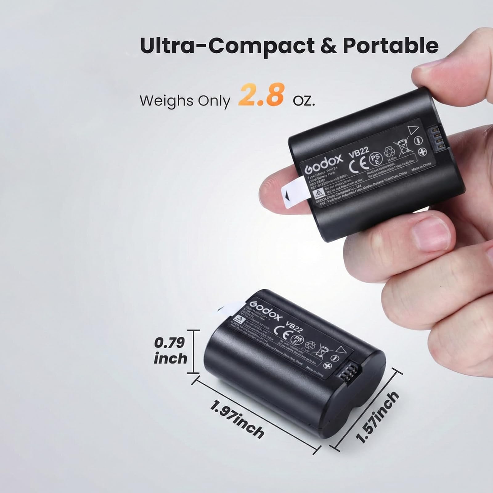 Godox Batterie de rechange VB22 pour V480, 7,2 V 2200 mAh Li-ion pour GODOX V480C / V480S / V480N / V480O / V480F et V350C / V350S / V350N / V350O / V350F Flash d'appareil photo Charge rapide USB-C