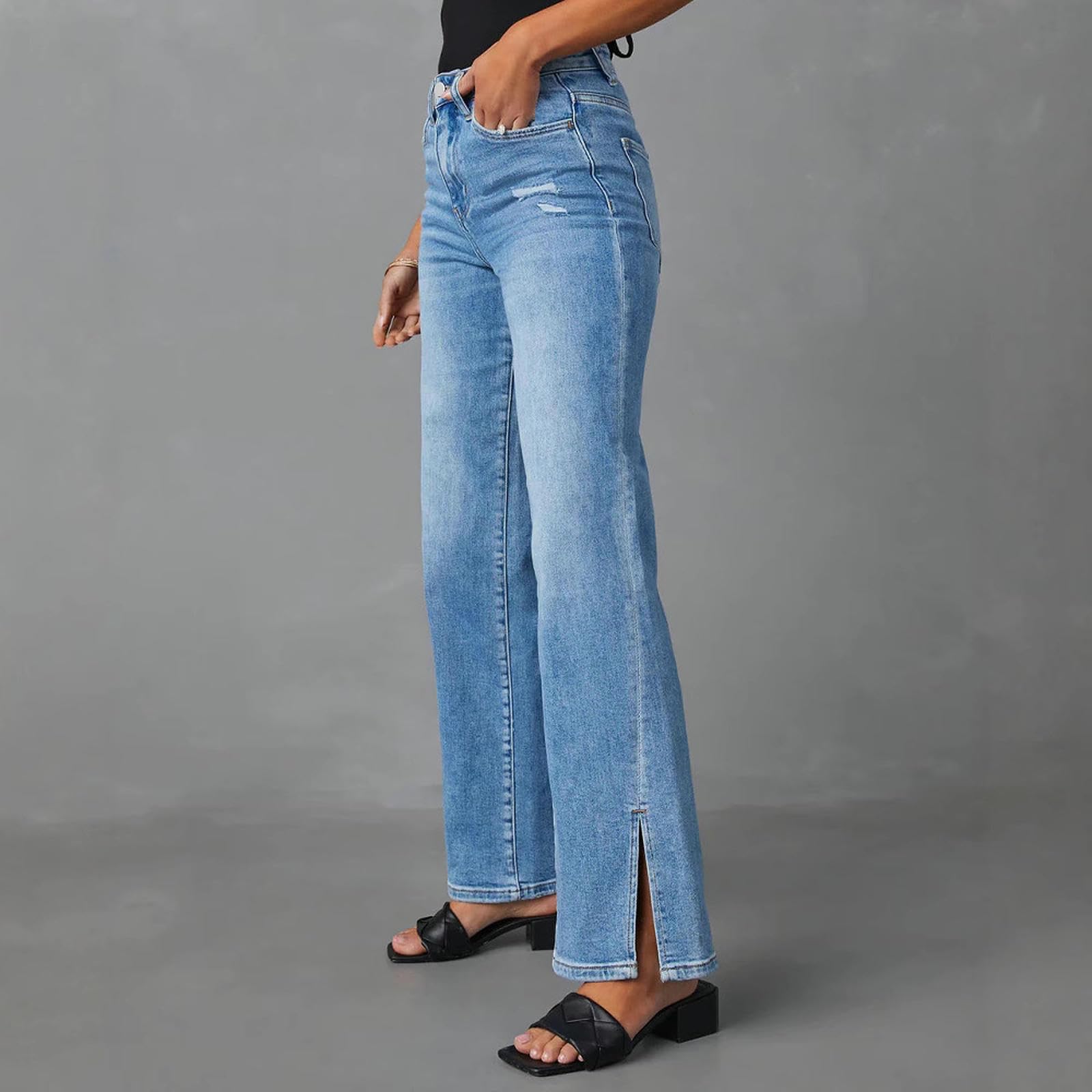 Jeans Donna A Gamba Dritta per Donne in Vita Alta Sciolti-Blu-XL