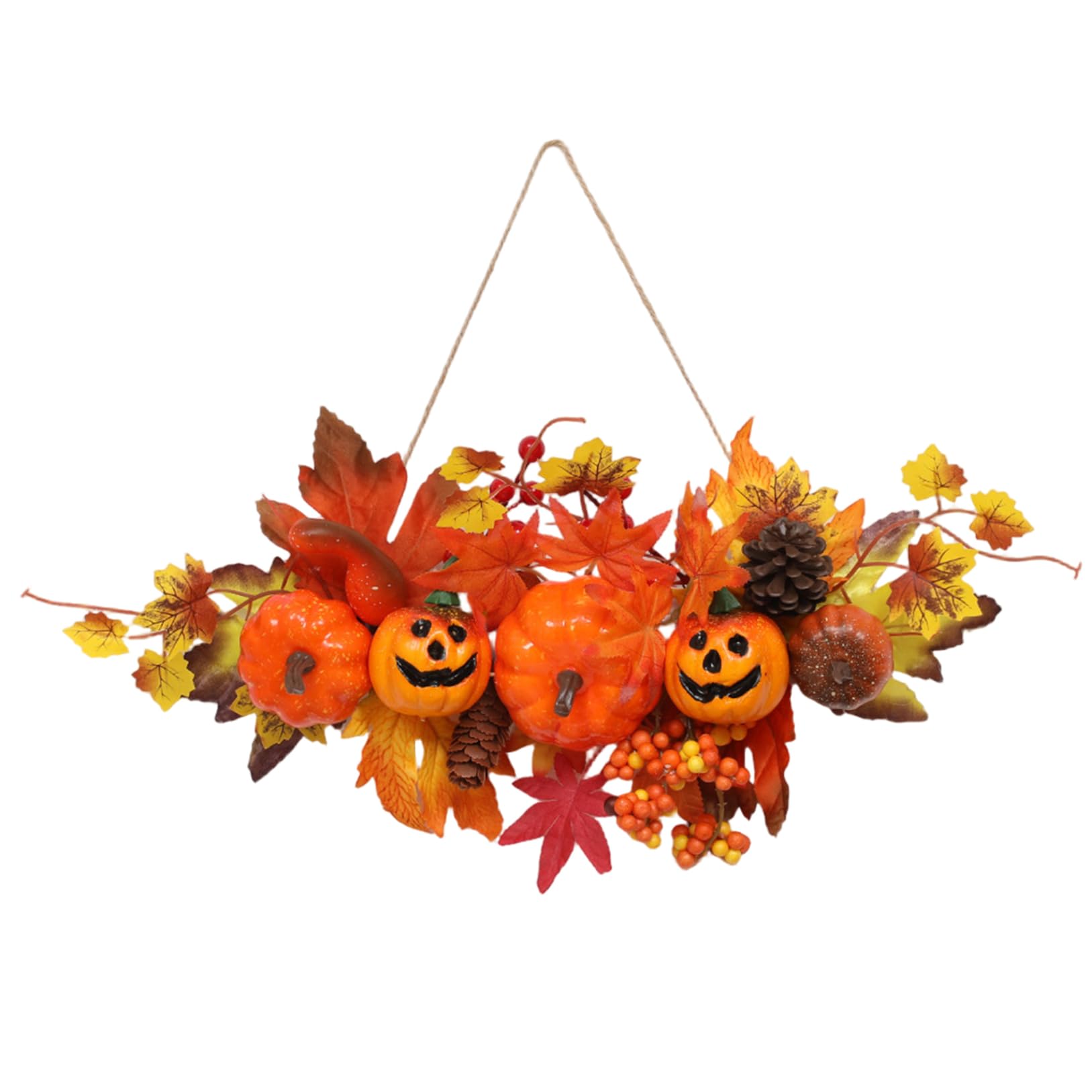 Bemonew Fall Wreath Pumpkin Maple Leaf Halloween Wreath for Front Door with Hanging Rope for Thanksgiving Halloween Decorations