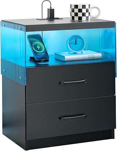 Miniatura 7 de Mesita de noche LED con 2 cajones para dormitorio, sala de estar, mesa auxiliar de sofá con sistema de luz LED ajustable, mesita de noche moderna