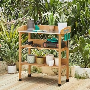 Yaheetech outdoor garden potting bench table wooden horticulture planting worstation wmetal tabletopstorage shelf3 hooks natural wood  urban country home decor
