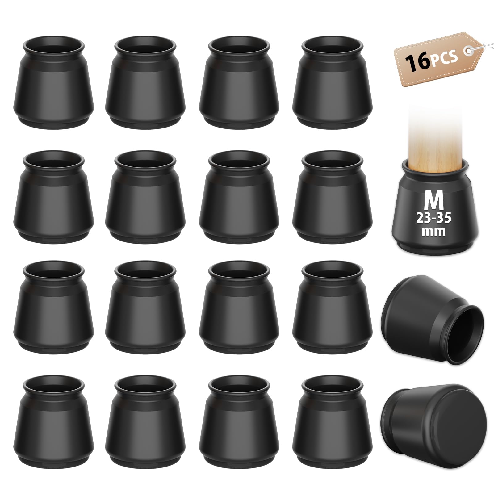 16 Pcs Round Black Chair Leg Floor Protectors, Anti-Scratch Rubber Feet Caps for Chair Table Sofa Legs, Chair foot glide carpet protector, Protect Wooden Floors and Reduce Noise(Fit:23-35mm)