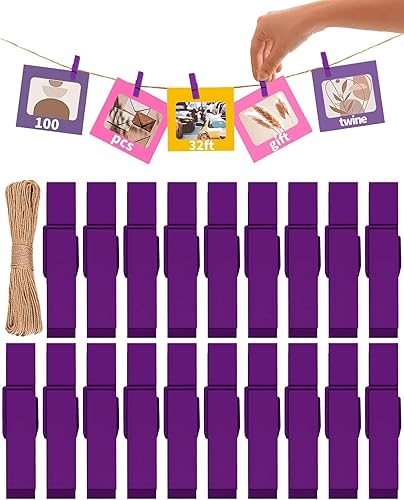 Mini alfileres para fotos, pinzas de color morado, paquete de 100 clips de madera arcoíris coloridos con cuerda de 32 pies para manualidades, baby
